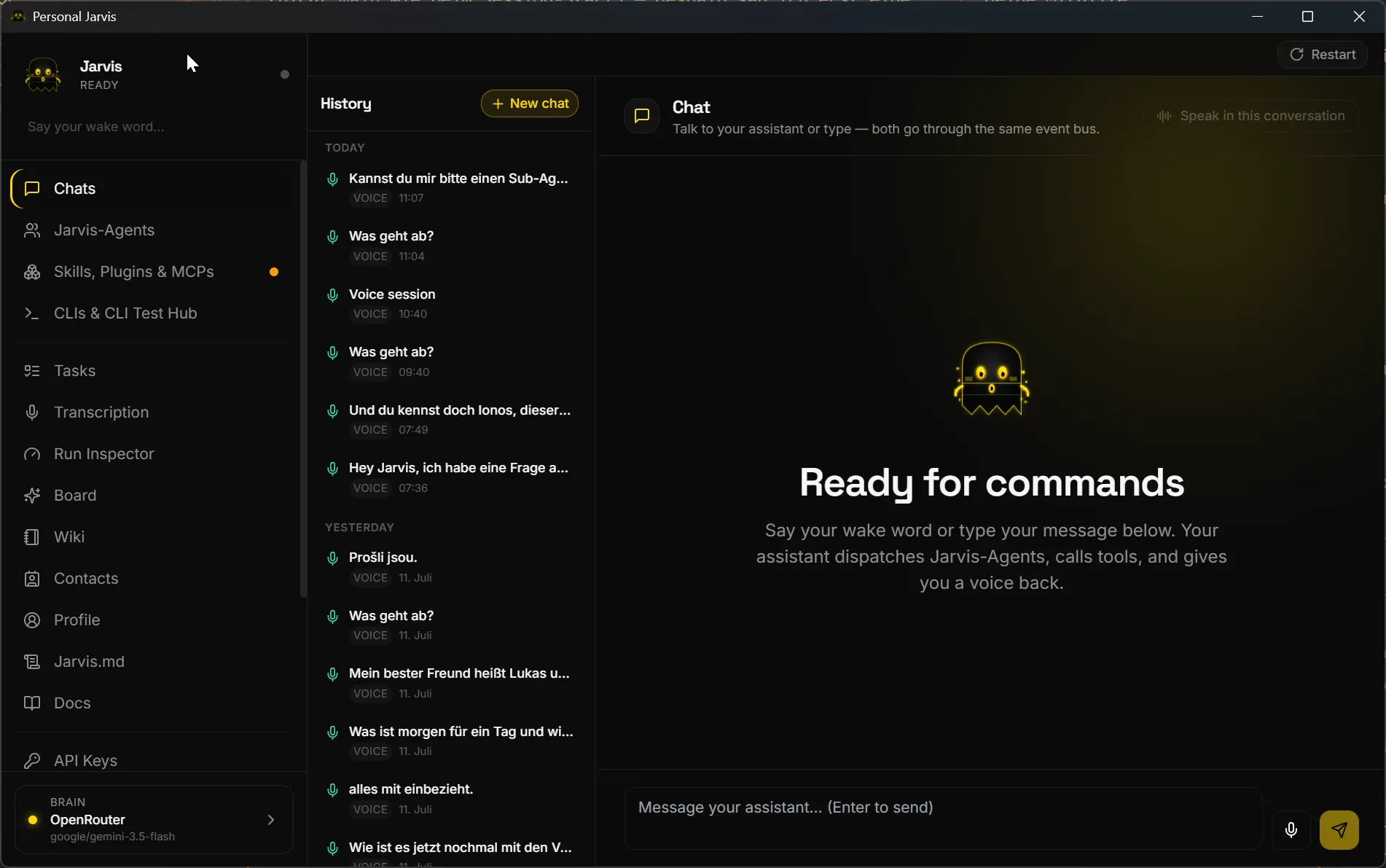 Personal Jarvis desktop app: sidebar navigation, chat history, and the command center ready for a Mission
